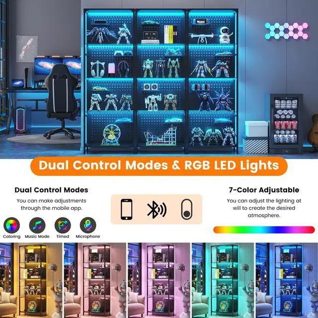 Alt view image 6 of 6 - Glass Display Shelf for Collectibles, LED Black Shelf, Curio Cabinet, Lighted Tall Narrow Shelf with Pegboard Steel Frame for Gaming Room, Floor Lamp with Shelves, Living Room, Bedroom, Large