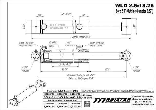 Alt view image 4 of 6 - Magister Hydraulic Cylinder 2.5" Bore x 18.25" Stroke, Loader Welded Hydraulic Ram with Cross Tube Ends, Double Acting Hydraulic Piston 3500 PSI (WLD 2.5x18.25)