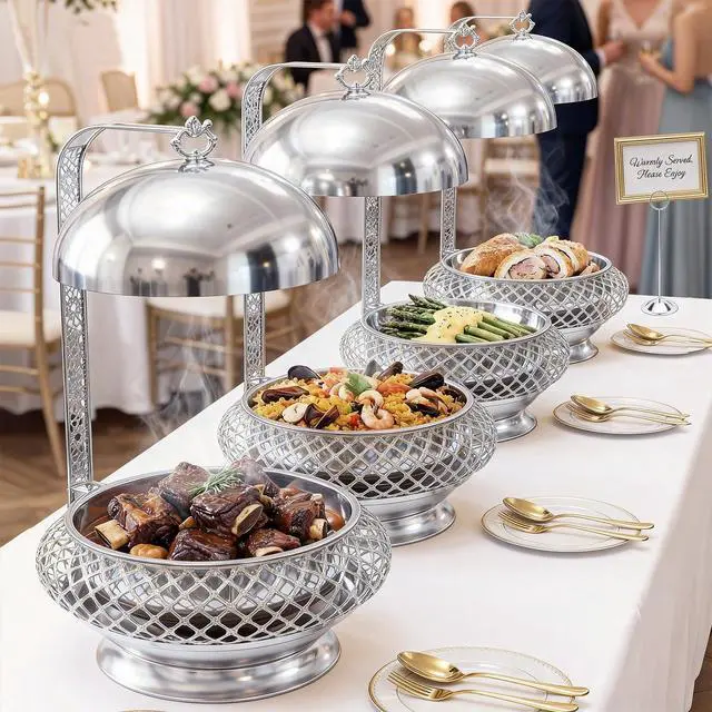 Alt view image 2 of 6 - 6QT Silver Party Wedding Table Setting Food Warmer Golden Fancy Elegant Cheffing Dishes with Hanging Lid Gold Chaffing Dishes (Silver, 6L)