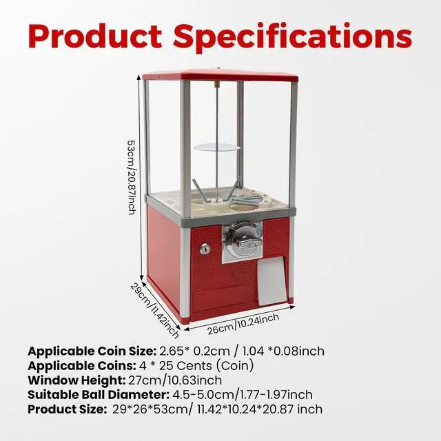 Alt view image 2 of 6 - 25-Cent Vending Machines, Coin Operated Commercial Large Capacity Gumball Machine Commercial Mini Dispenser Prize Machine for Game Stores Retail Stores & Amusement Parks (Red)