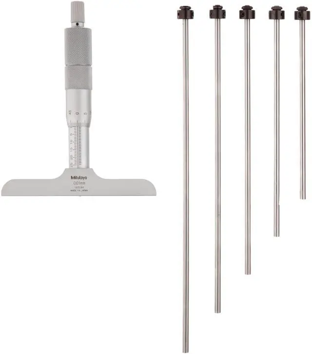 Main image of 129-115 Vernier Depth Gauge, Interchangeable Rods, Micrometer Type, 0-100mm Range, 0.001mm Graduation, +/-0.0033mm Accuracy, 101.6mm x 16mm Base, 4 Rods