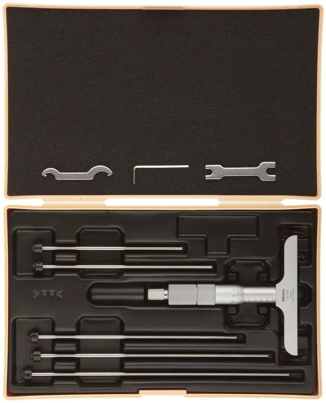 Alt view image 2 of 3 - 129-115 Vernier Depth Gauge, Interchangeable Rods, Micrometer Type, 0-100mm Range, 0.001mm Graduation, +/-0.0033mm Accuracy, 101.6mm x 16mm Base, 4 Rods