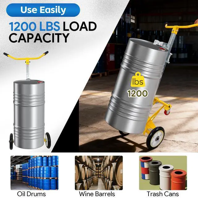 Alt view image 5 of 6 - 55 Gallon Drum Dolly, 4 Wheels Upgraded Heavy-Duty Barrel Dolly, 1200lbs Steel Bucket Dollies for Garages Warehouse Workshopp, Stable and Easy to Operate