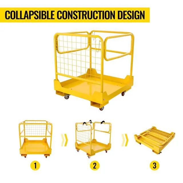 Alt view image 4 of 6 - Forklift Safety Cage 36''x36'' Heavy Duty Steel Forklift Work Platform 1150LBS Capacity with 4 Universal Wheels Collapsible Lift Basket Aerial Rails Aerial Platform, Yellow