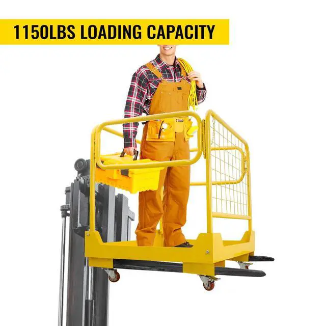 Alt view image 6 of 6 - Forklift Safety Cage 36''x36'' Heavy Duty Steel Forklift Work Platform 1150LBS Capacity with 4 Universal Wheels Collapsible Lift Basket Aerial Rails Aerial Platform, Yellow