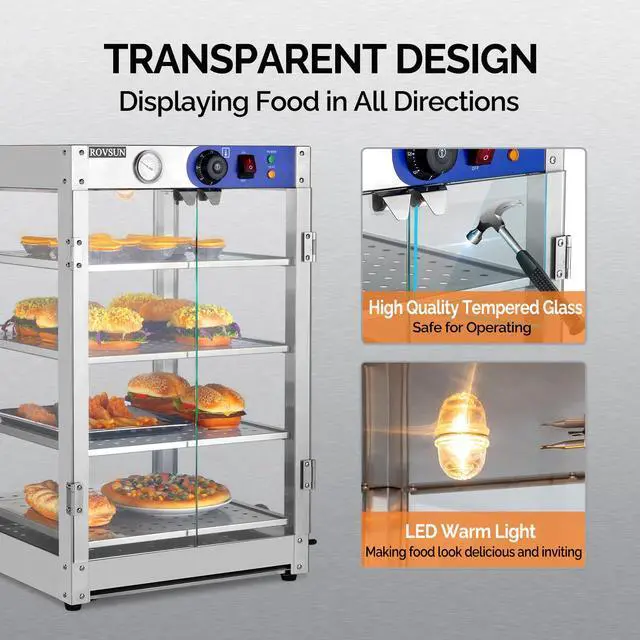 Alt view image 2 of 6 - Food Warmer Display Pizza Warmer, Commercial Countertop Food Warmer Electric with Removable Shelves LED Lighting Glass Door, Pastry Display Case for Restaurant Buffet 800W (4 Tiers)
