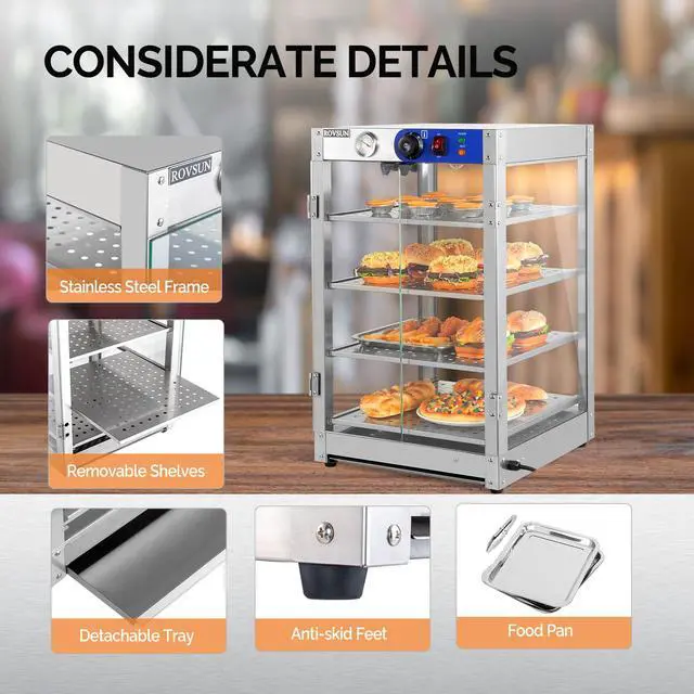 Alt view image 3 of 6 - Food Warmer Display Pizza Warmer, Commercial Countertop Food Warmer Electric with Removable Shelves LED Lighting Glass Door, Pastry Display Case for Restaurant Buffet 800W (4 Tiers)
