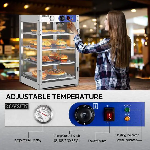 Alt view image 5 of 6 - Food Warmer Display Pizza Warmer, Commercial Countertop Food Warmer Electric with Removable Shelves LED Lighting Glass Door, Pastry Display Case for Restaurant Buffet 800W (4 Tiers)