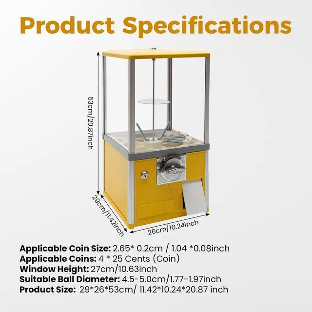 Alt view image 2 of 6 - 25-Cent Vending Machines, Coin Operated Commercial Large Capacity Gumball Machine Commercial Mini Dispenser Prize Machine for Game Stores Retail Stores & Amusement Parks (Yellow)
