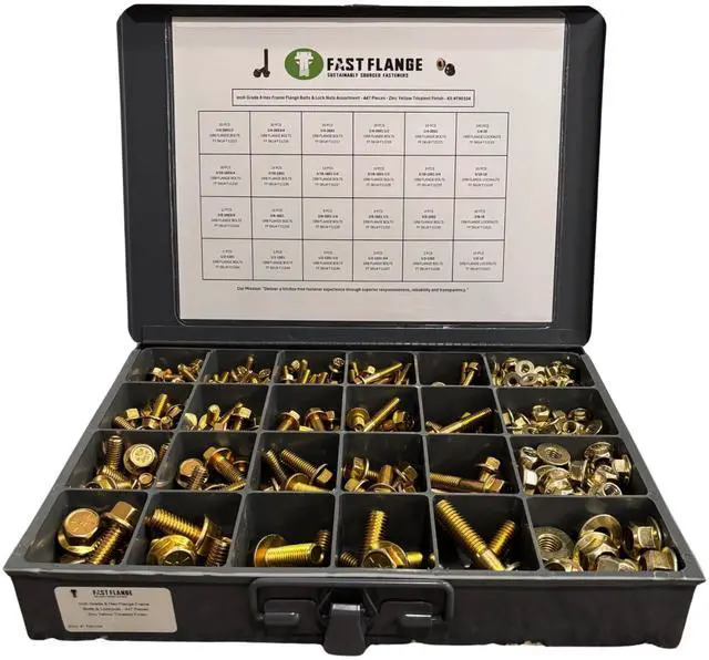 Main image of Grade 8 Hex Cap Flange Frame Bolt Zinc Yellow Trivalent & Locking Flange Nuts Assortment Kit - 447 Pieces