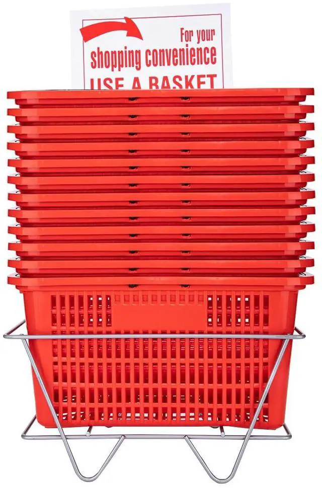 Main image of Red Shopping Baskets With Stand - Set of 12 - Basket Dimension 8-1/2"H x 12"W x 17"L - Perfect for Retail, Thrift, Grocery, and Convenience Stores - Holds 5 Gallons of Merchandise - Ideal