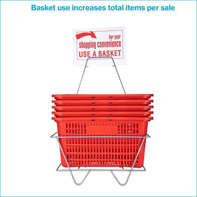 Alt view image 2 of 6 - Red Shopping Baskets With Stand - Set of 12 - Basket Dimension 8-1/2"H x 12"W x 17"L - Perfect for Retail, Thrift, Grocery, and Convenience Stores - Holds 5 Gallons of Merchandise - Ideal