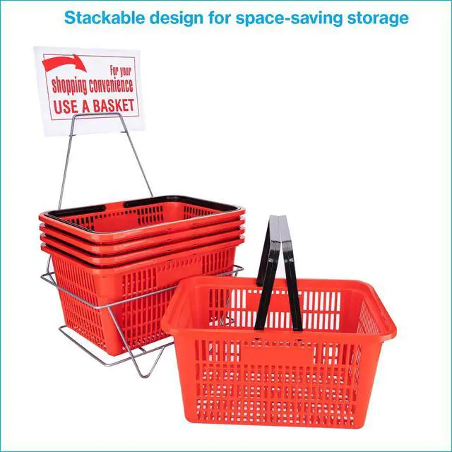 Alt view image 3 of 6 - Red Shopping Baskets With Stand - Set of 12 - Basket Dimension 8-1/2"H x 12"W x 17"L - Perfect for Retail, Thrift, Grocery, and Convenience Stores - Holds 5 Gallons of Merchandise - Ideal