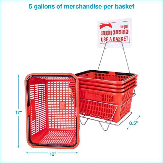 Alt view image 5 of 6 - Red Shopping Baskets With Stand - Set of 12 - Basket Dimension 8-1/2"H x 12"W x 17"L - Perfect for Retail, Thrift, Grocery, and Convenience Stores - Holds 5 Gallons of Merchandise - Ideal