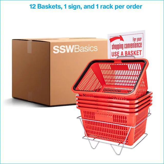 Alt view image 6 of 6 - Red Shopping Baskets With Stand - Set of 12 - Basket Dimension 8-1/2"H x 12"W x 17"L - Perfect for Retail, Thrift, Grocery, and Convenience Stores - Holds 5 Gallons of Merchandise - Ideal