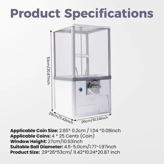 Alt view image 2 of 6 - 25-Cent Vending Machines, Coin Operated Commercial Large Capacity Gumball Machine Commercial Mini Dispenser Prize Machine for Game Stores Retail Stores & Amusement Parks (White)