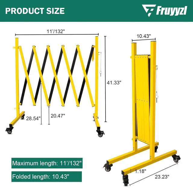 Alt view image 2 of 5 - Industrial Expandable Metal Barricade 11 Feet, Yellow and Black Mobile Safety Barrier Gate, Retractable Traffic Fence with Casters, Folding Expandable Barricade for Road Construction, Garage