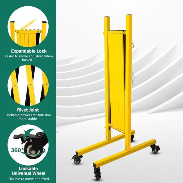 Alt view image 3 of 5 - Industrial Expandable Metal Barricade 11 Feet, Yellow and Black Mobile Safety Barrier Gate, Retractable Traffic Fence with Casters, Folding Expandable Barricade for Road Construction, Garage