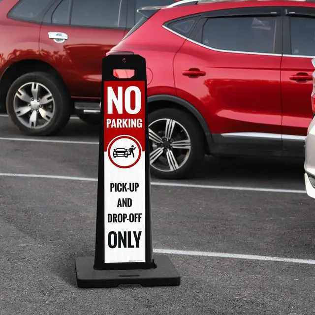 Alt view image 2 of 6 - No Parking Pick Up and Drop Off Only Vertical Panel Sign Kit, | Double Sided 3M Engineer Grade Reflective, With 20 lbs Black Portable Rubber Base, Impact Resistant Plastic Frame