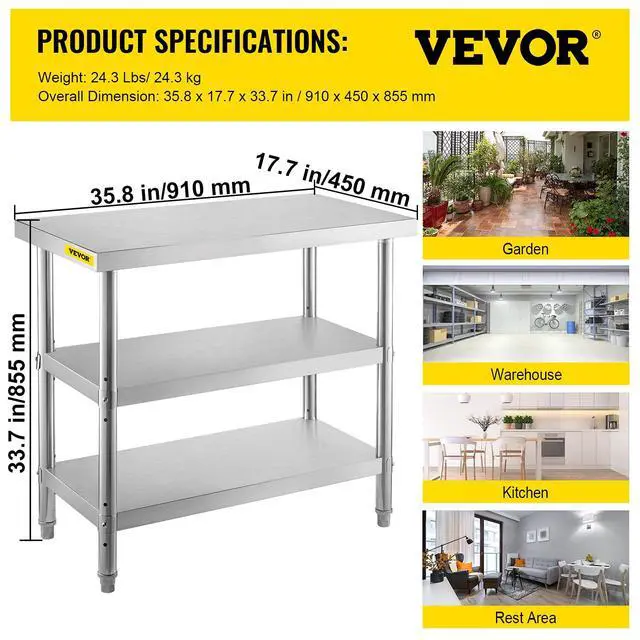 Alt view image 3 of 6 - Outdoor Food Prep Table, 36x18x34 inch Commercial Stainless Steel Table, 2 Adjustable Undershelf BBQ Prep Table, Heavy Duty Kitchen Work Table, for Garage, Home, Warehouse, and Kitchen Silver