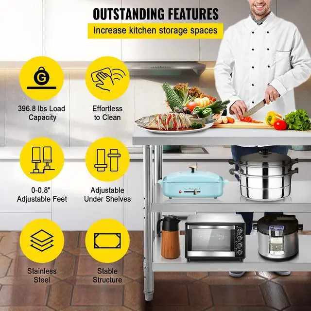 Alt view image 5 of 6 - Outdoor Food Prep Table, 36x18x34 inch Commercial Stainless Steel Table, 2 Adjustable Undershelf BBQ Prep Table, Heavy Duty Kitchen Work Table, for Garage, Home, Warehouse, and Kitchen Silver