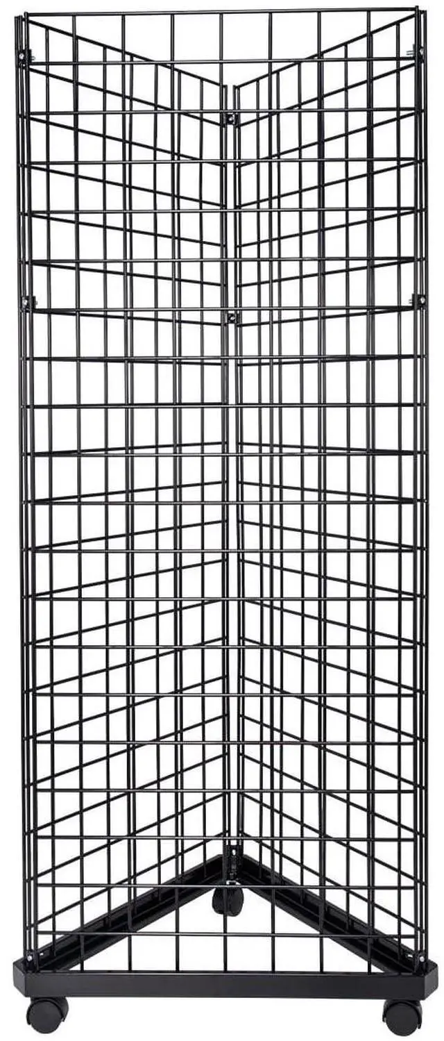Main image of Black Triangle Wire Grid and Grid Wall Tower with Base and Casters - Black Metal Display Stand with Grid Wall Panels - Durable Wire Grid Panels for Display - Sturdy Gridwall Panels for