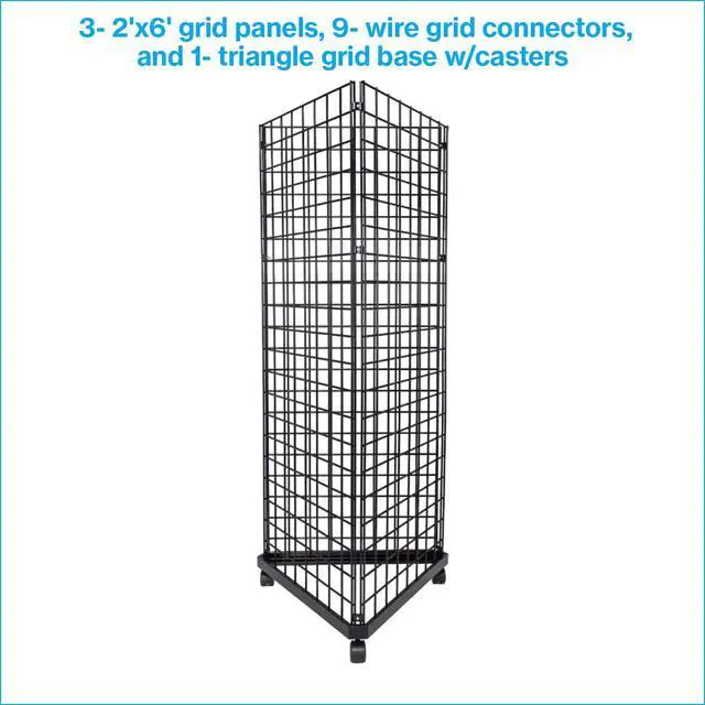 Alt view image 5 of 6 - Black Triangle Wire Grid and Grid Wall Tower with Base and Casters - Black Metal Display Stand with Grid Wall Panels - Durable Wire Grid Panels for Display - Sturdy Gridwall Panels for