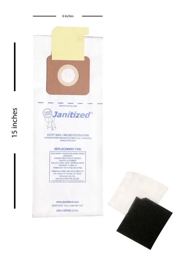 Alt view image 2 of 3 - JAN-CMPRO-2(10) Paper Premium Replacement Commercial Vacuum Bag for CleanMax Standard & Pro, Tennant V-SMU-14, Tornado CK QD & Pro, CarpetPro CPU & Fuller FB-06265 Vacuum Cleaners(10-10
