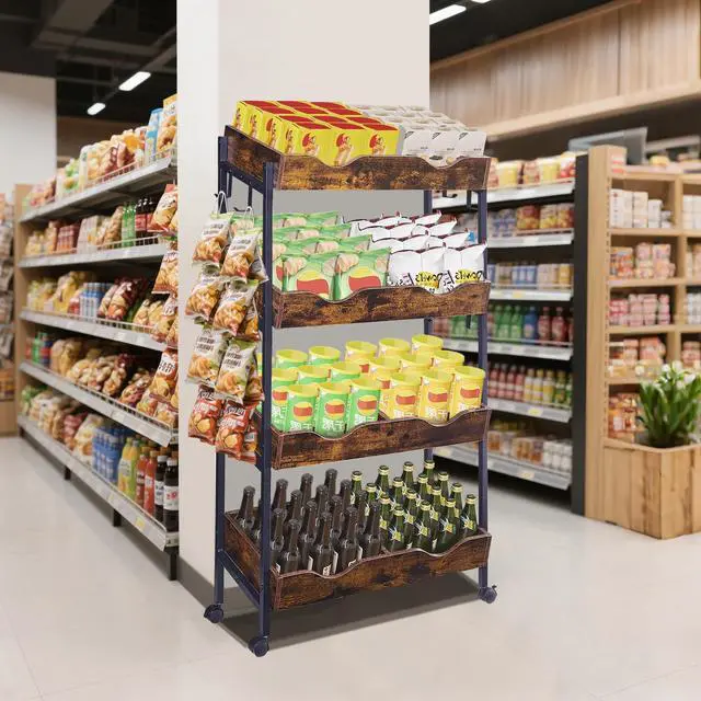 Main image of Snack Rack with Wheels,4-Tier Retail Display Shelves with 8 Metal Hooks,Tilted Design,Mobile Retail Display Stand with Metal Frame,Easy Assembly