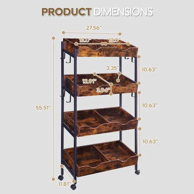 Alt view image 2 of 6 - Snack Rack with Wheels,4-Tier Retail Display Shelves with 8 Metal Hooks,Tilted Design,Mobile Retail Display Stand with Metal Frame,Easy Assembly