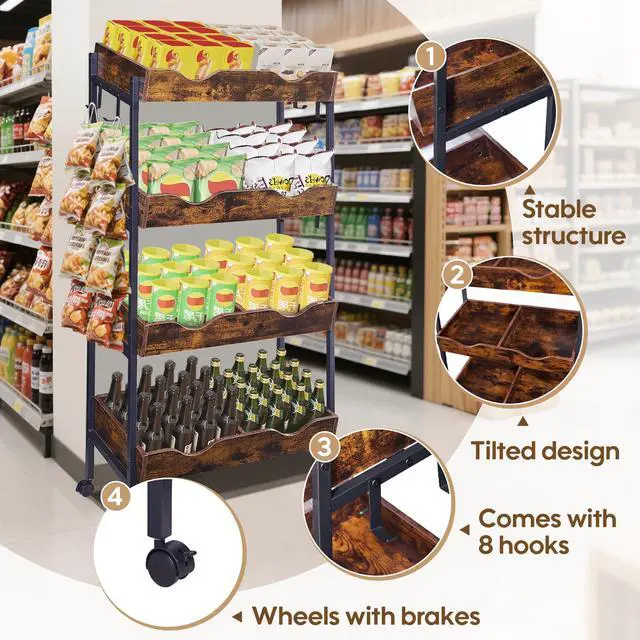 Alt view image 3 of 6 - Snack Rack with Wheels,4-Tier Retail Display Shelves with 8 Metal Hooks,Tilted Design,Mobile Retail Display Stand with Metal Frame,Easy Assembly