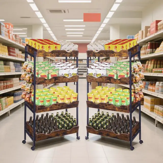 Alt view image 4 of 6 - Snack Rack with Wheels,4-Tier Retail Display Shelves with 8 Metal Hooks,Tilted Design,Mobile Retail Display Stand with Metal Frame,Easy Assembly