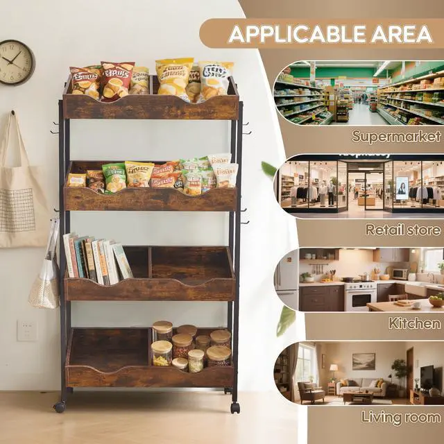 Alt view image 6 of 6 - Snack Rack with Wheels,4-Tier Retail Display Shelves with 8 Metal Hooks,Tilted Design,Mobile Retail Display Stand with Metal Frame,Easy Assembly