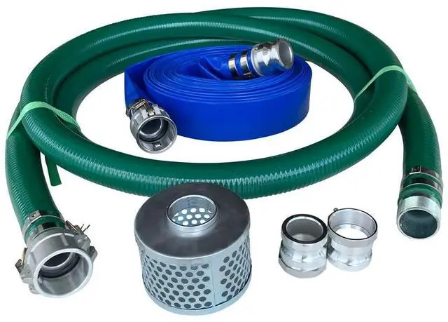 Main image of 2" Pump Hose Kit, Includes 2 inch x 20 ft Green PVC Suction Hose, 2 inch x 50 ft Blue Lay Flat Discharge Hose, Plated Steel Suction Strainer and Two Additional Male Cam and Groove Adapters