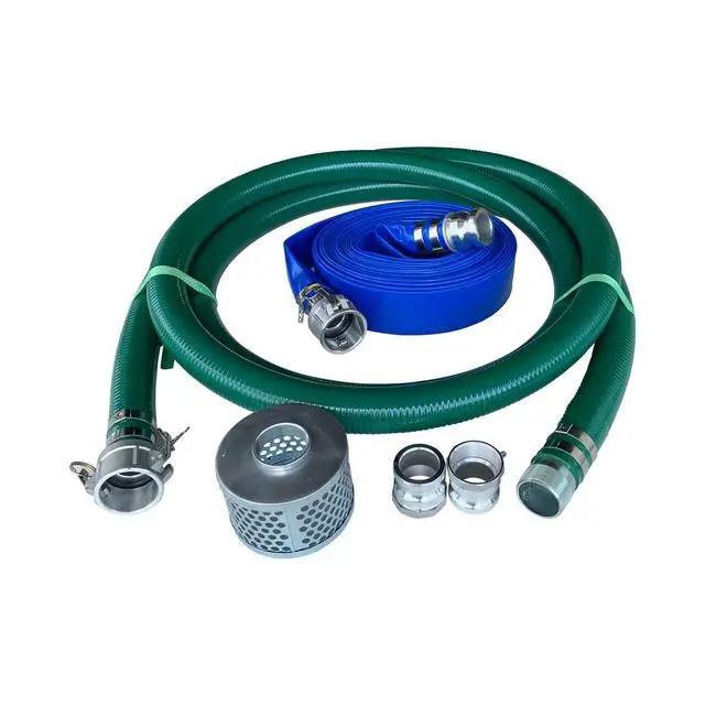 Alt view image 2 of 6 - 2" Pump Hose Kit, Includes 2 inch x 20 ft Green PVC Suction Hose, 2 inch x 50 ft Blue Lay Flat Discharge Hose, Plated Steel Suction Strainer and Two Additional Male Cam and Groove Adapters