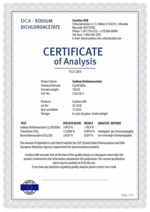 Alt view image 3 of 6 - DCA - Sodium Dichloroacetate 333mg - Purity >99.9%, Made in Europe, by, Certificate of Analysis Included, Tested in a Certified Laboratory, 180 Units