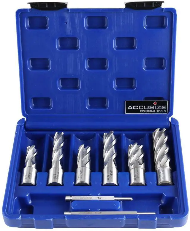 Main image of Slugger Cutter Set, 9/16", 11/13", & 13/16" Cut Dia., 1" & 2" Cut Depth, 3/4" Weldon Shank, 2 Pilot Pins, 8 Pcs, 0519-0002 | 9/16", 11/16", 13/16" C.D.; 1" & 2" Cut Depth, 3/4" Weldon Shank, 8 Pcs