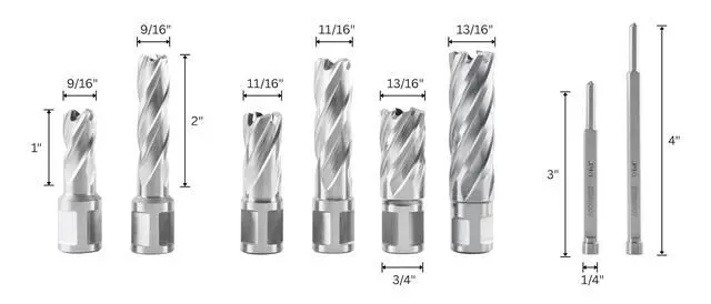 Alt view image 2 of 6 - Slugger Cutter Set, 9/16", 11/13", & 13/16" Cut Dia., 1" & 2" Cut Depth, 3/4" Weldon Shank, 2 Pilot Pins, 8 Pcs, 0519-0002 | 9/16", 11/16", 13/16" C.D.; 1" & 2" Cut Depth, 3/4" Weldon Shank, 8 Pcs