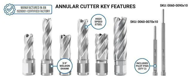 Alt view image 3 of 6 - Slugger Cutter Set, 9/16", 11/13", & 13/16" Cut Dia., 1" & 2" Cut Depth, 3/4" Weldon Shank, 2 Pilot Pins, 8 Pcs, 0519-0002 | 9/16", 11/16", 13/16" C.D.; 1" & 2" Cut Depth, 3/4" Weldon Shank, 8 Pcs