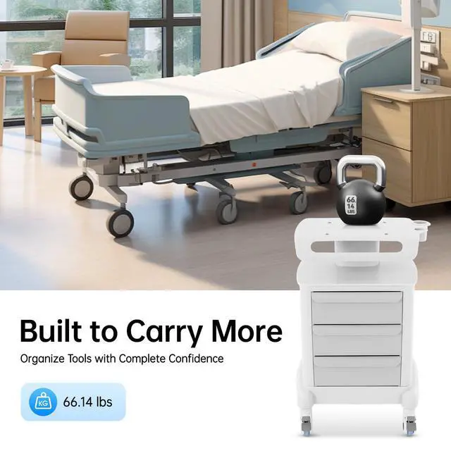 Alt view image 4 of 6 - Medical Cart, Professional Mobile Medical Trolley with 4 Slient Wheels and 3 Drawers, 66.1LBS Load Capacity Salon Roller Trolley Beauty Instrument, Lab Rolling Storage Cart for Hospital Home