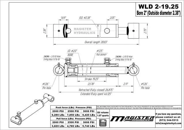 Alt view image 4 of 6 - Magister Hydraulic Cylinder 2" Bore x 19.25" Stroke, Loader Welded Hydraulic Ram with Cross Tube Ends, Double Acting Hydraulic Piston 3500 PSI (WLD 2x19.25)