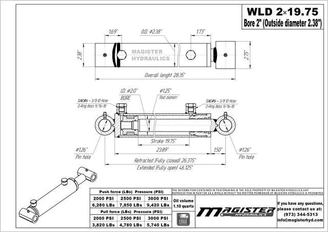 Alt view image 4 of 6 - Magister Hydraulic Cylinder 2" Bore x 19.75" Stroke, Loader Welded Hydraulic Ram with Cross Tube Ends, Double Acting Hydraulic Piston 3500 PSI (WLD 2x19.75)