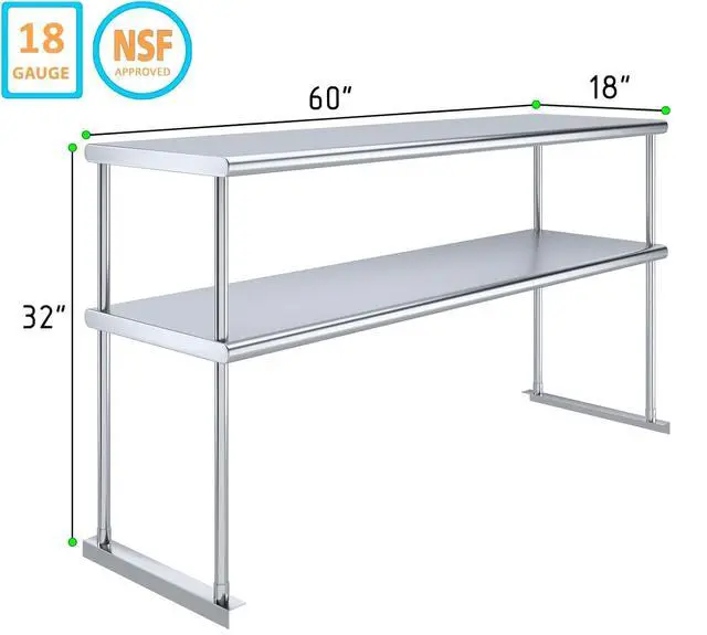 Alt view image 2 of 6 - Stainless Steel Double Overshelf for Prep Work Table | 18" x 60" NSF Certified | Adjustable 2-Tier Over Shelf for Commercial Kitchen or Restaurant Use