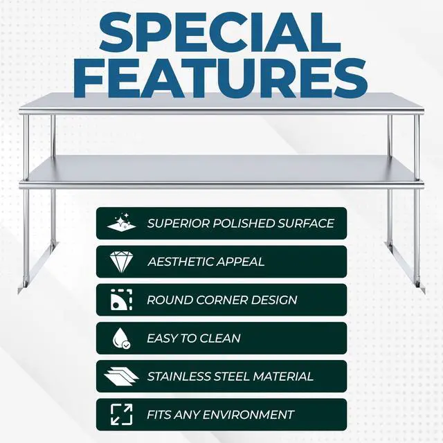 Alt view image 4 of 6 - Stainless Steel Double Overshelf for Prep Work Table | 18" x 60" NSF Certified | Adjustable 2-Tier Over Shelf for Commercial Kitchen or Restaurant Use