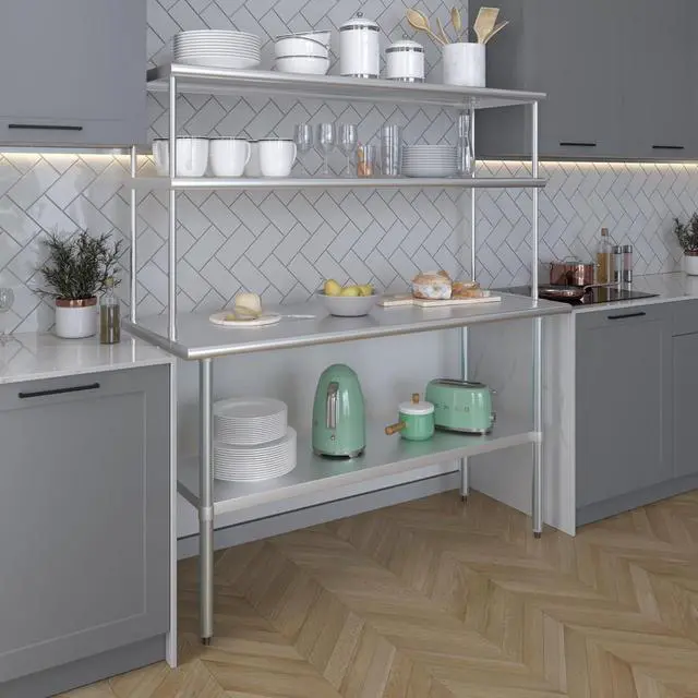Alt view image 5 of 6 - Stainless Steel Double Overshelf for Prep Work Table | 18" x 60" NSF Certified | Adjustable 2-Tier Over Shelf for Commercial Kitchen or Restaurant Use