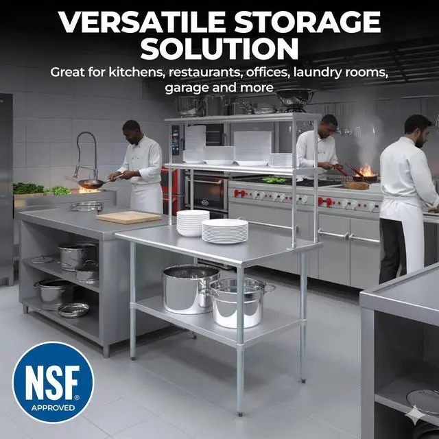 Alt view image 6 of 6 - Stainless Steel Double Overshelf for Prep Work Table | 18" x 60" NSF Certified | Adjustable 2-Tier Over Shelf for Commercial Kitchen or Restaurant Use