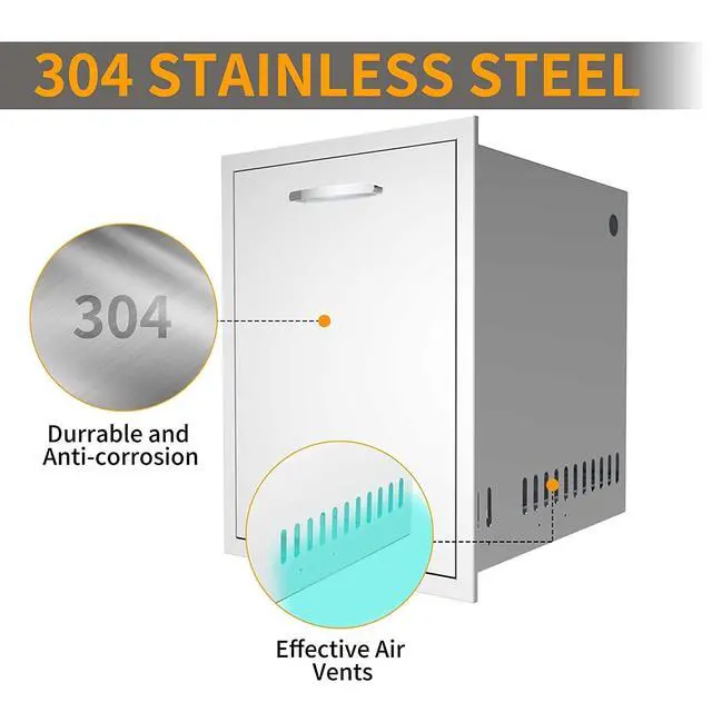 Alt view image 3 of 6 - Pull Out Trash Drawer, 17''W x 23''H x 16''D Stainless Steel Built-in Single Trash Drawer Outdoor Kitchen Cabinets Trash Bin for BBQ Island Grill Station