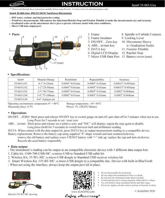 Alt view image 3 of 6 - 0-3"/0-70mm Twin Force Friction and Ratchet Movement Digital Micrometer, IP65 Protective Rate, 3 Pieces Set, 35-065-U33