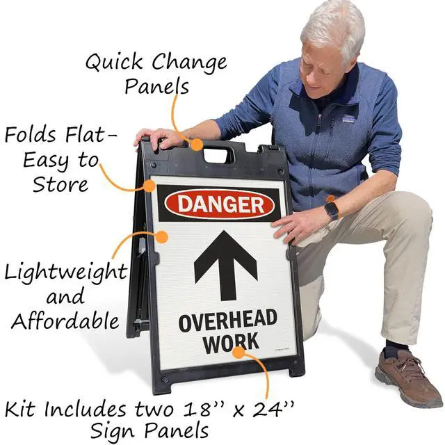 Alt view image 4 of 4 - 24 x 18 inch Danger - Overhead Work Two-Sided BabyBoss A-Frame Sign Kit, Plastic, Multicolor (1 A-Frame + 2 Sign Panels)