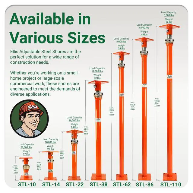 Alt view image 4 of 6 - Manufacturing Light-Duty Construction Jack Post, Adjustable Screw Jack Lift for Floor Leveling, Beams & Concrete, 20,000 lb Capacity, 8"-10" Range, House Jack for Support, Leveling & Repairs